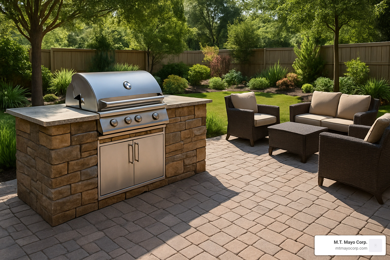 outdoor kitchen with stone countertops and built-in grill - hardscape contractor