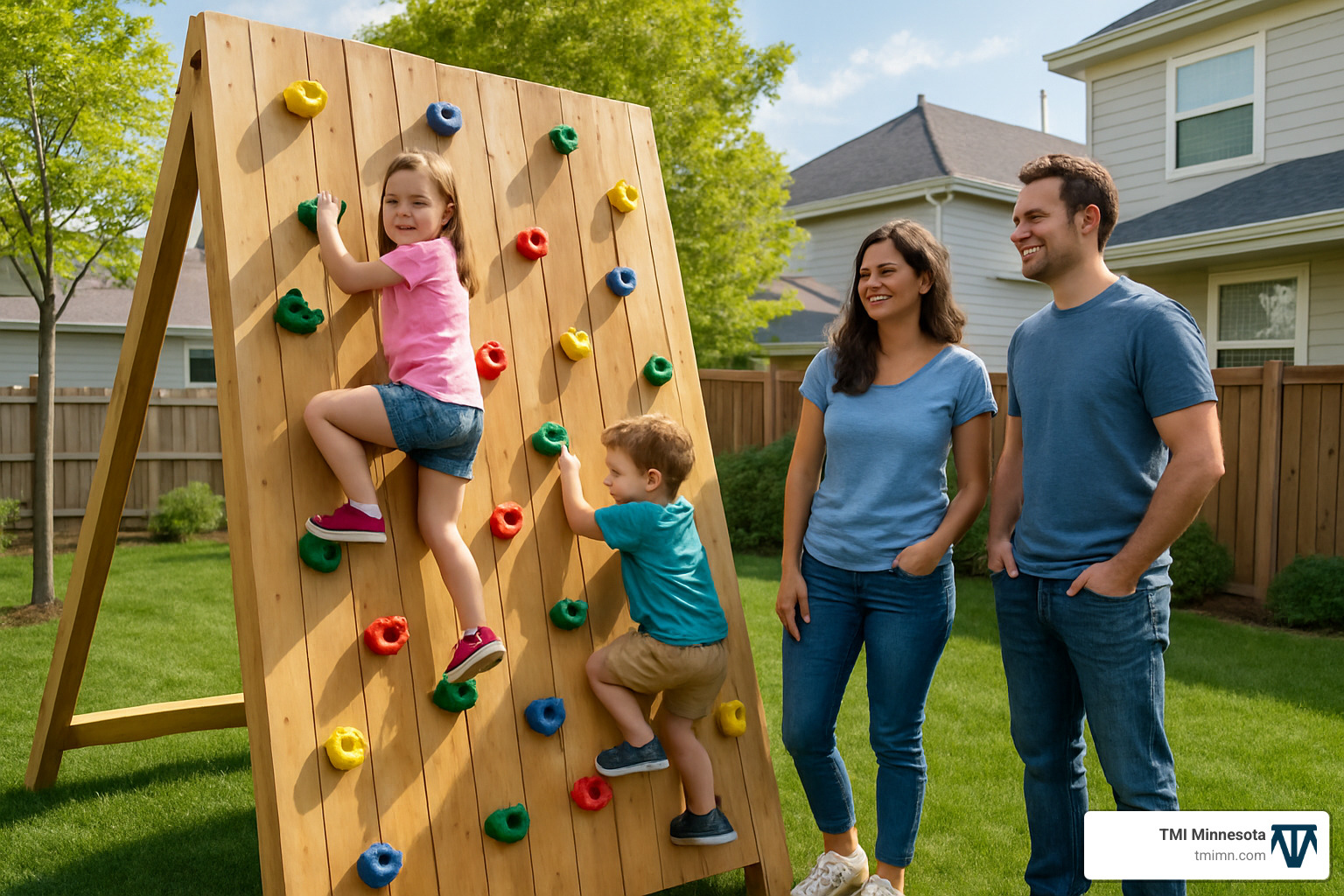 happy family using finished climbing wall - backyard climbing wall for kids