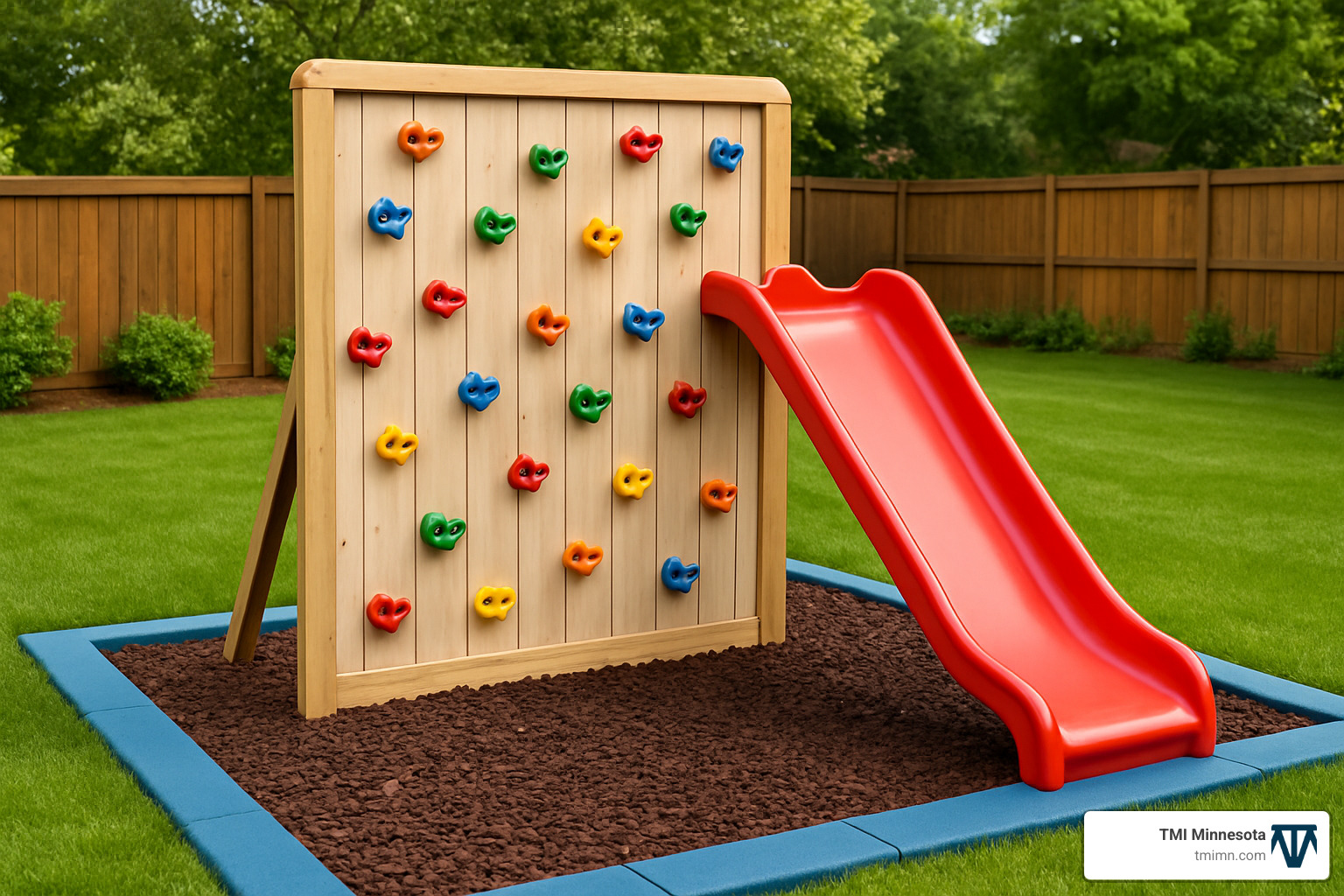 Finished climbing wall with slide and safety features - backyard climbing wall for kids