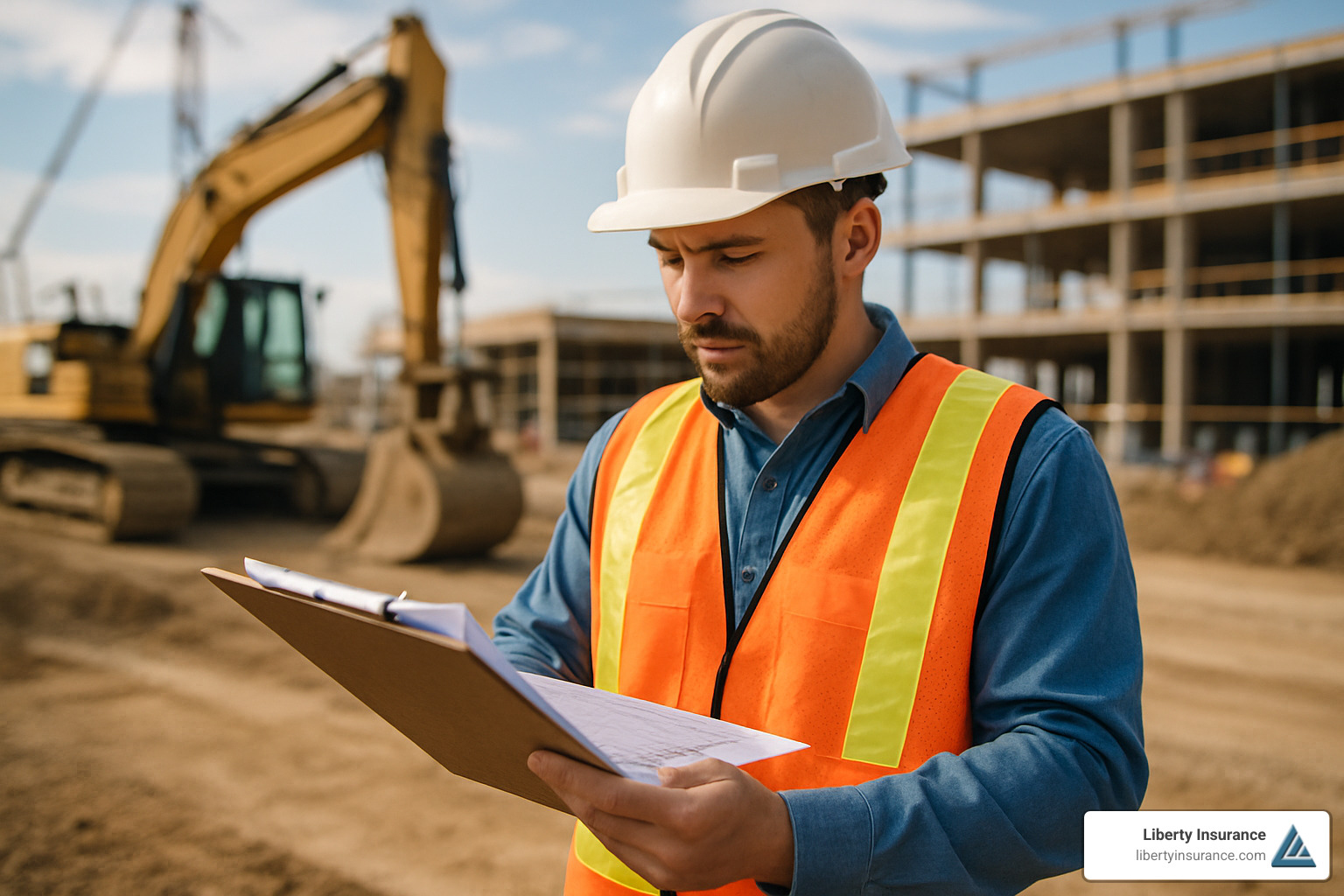 Construction worker reviewing paperwork on a job site - New Jersey contractor bonds