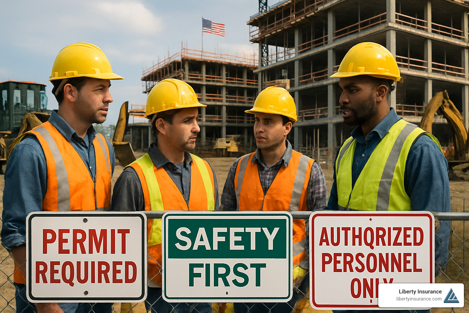 Construction site with workers and regulatory compliance signage - New Jersey contractor bonds