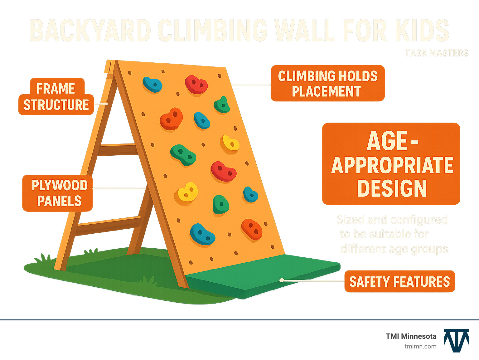 Detailed infographic showing the components of a backyard climbing wall including frame structure, plywood panels, climbing holds placement, safety features, and age-appropriate design considerations - backyard climbing wall for kids infographic 