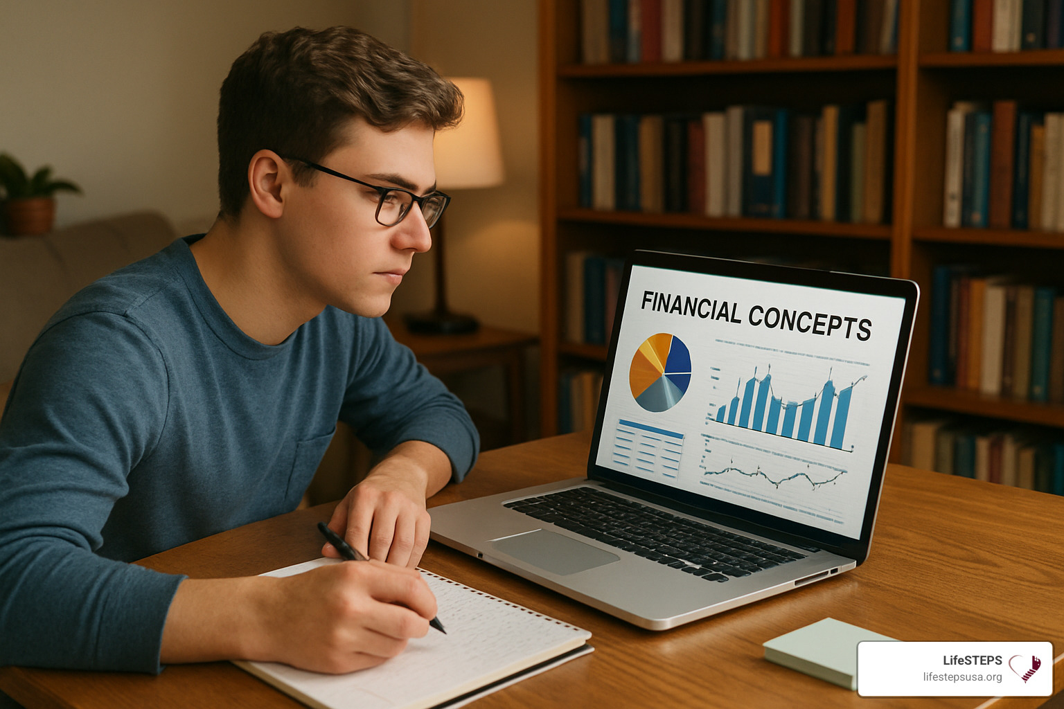 Person studying financial concepts on laptop - financial wellness course