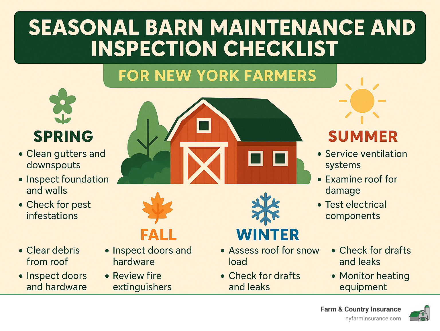Seasonal barn maintenance and inspection checklist for New York farmers - Barn insurance New York infographic 