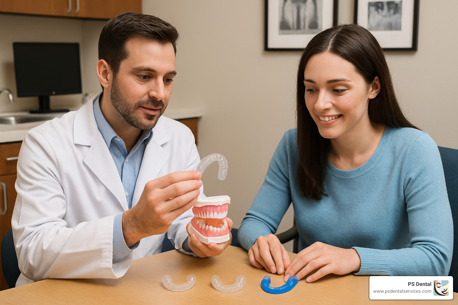 person examining different types of night guards with dentist - best night guard