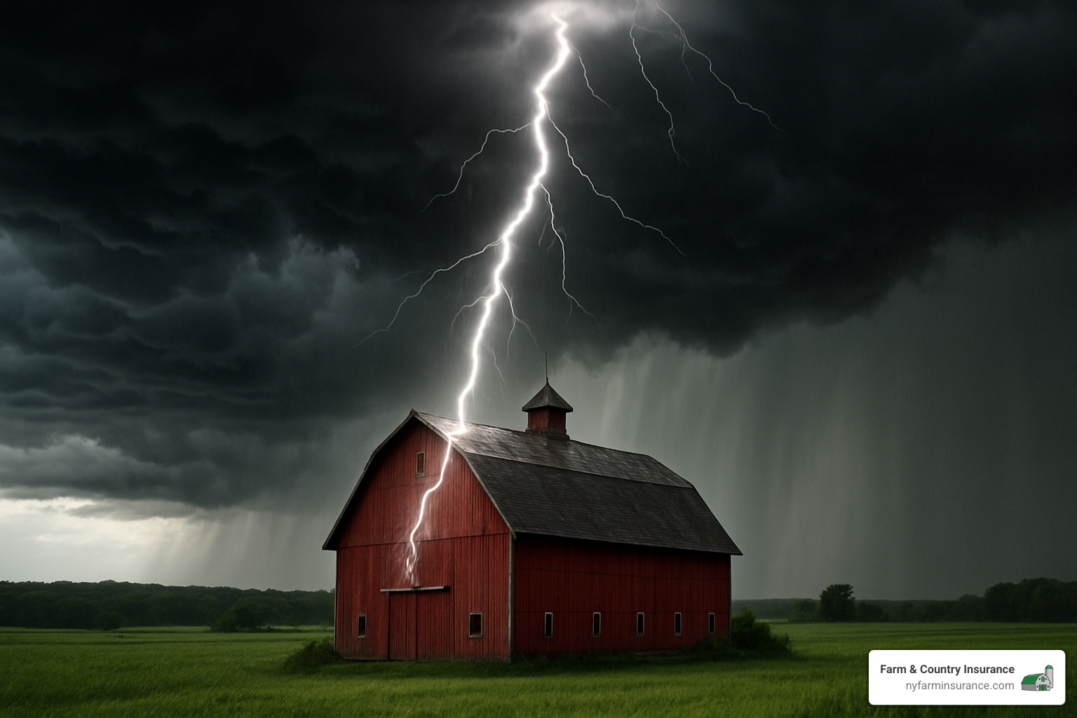 Lightning strike on a barn in rural New York during a summer storm - Barn insurance New York