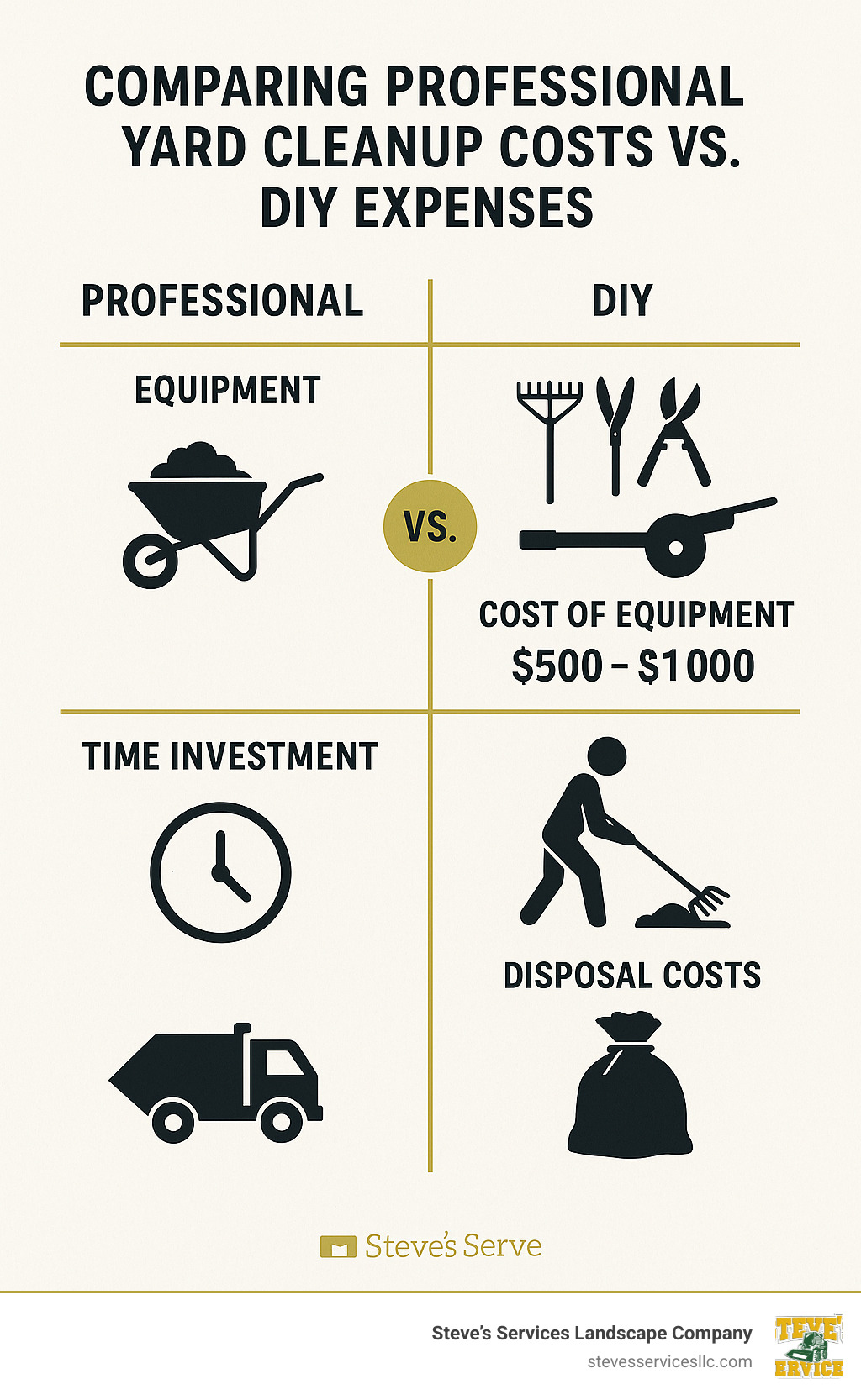 Comparison of professional yard cleanup costs versus DIY expenses showing equipment, time investment, and disposal costs - yard cleanup and mulching infographic 