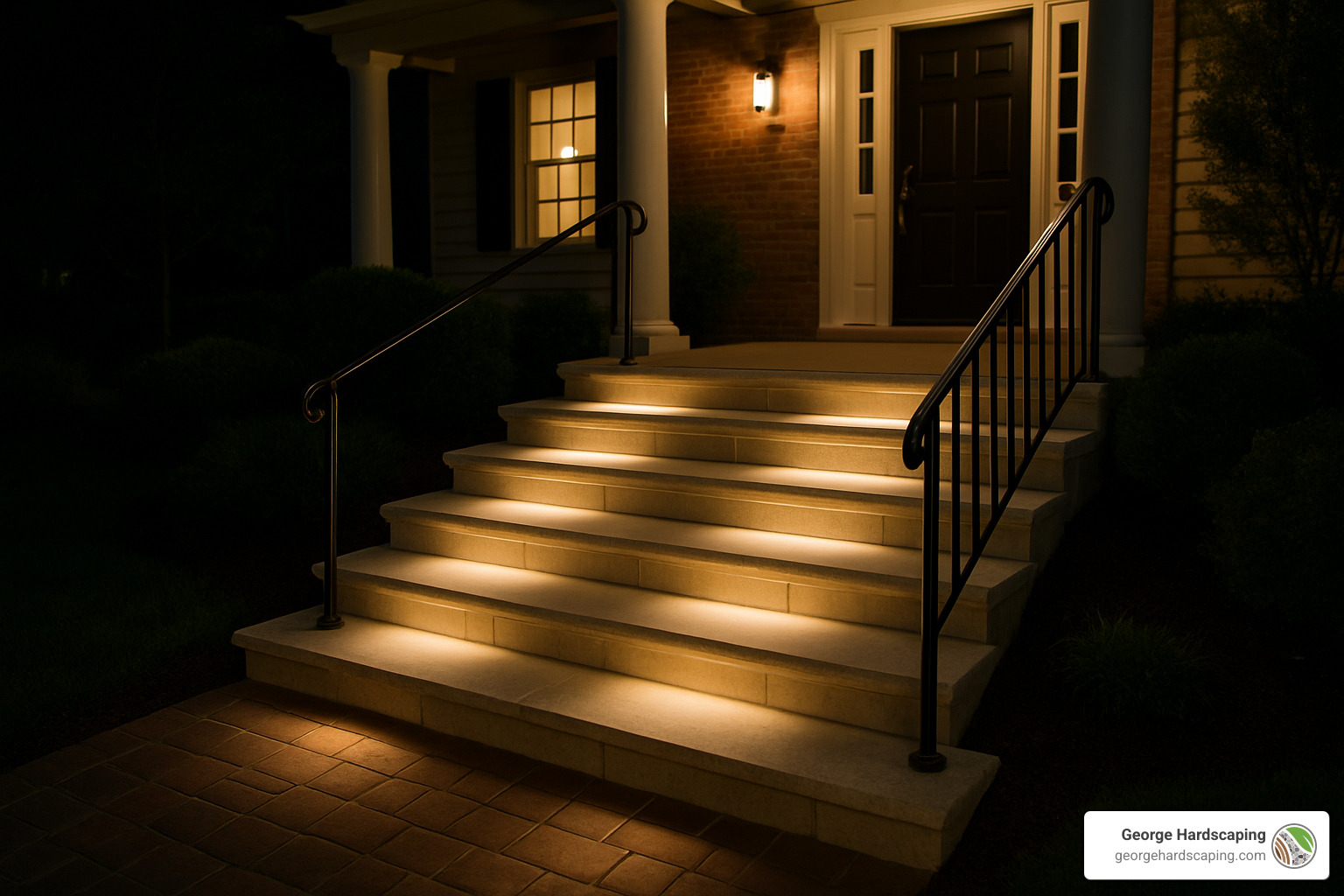 limestone steps with LED lighting at night - stone front steps ideas