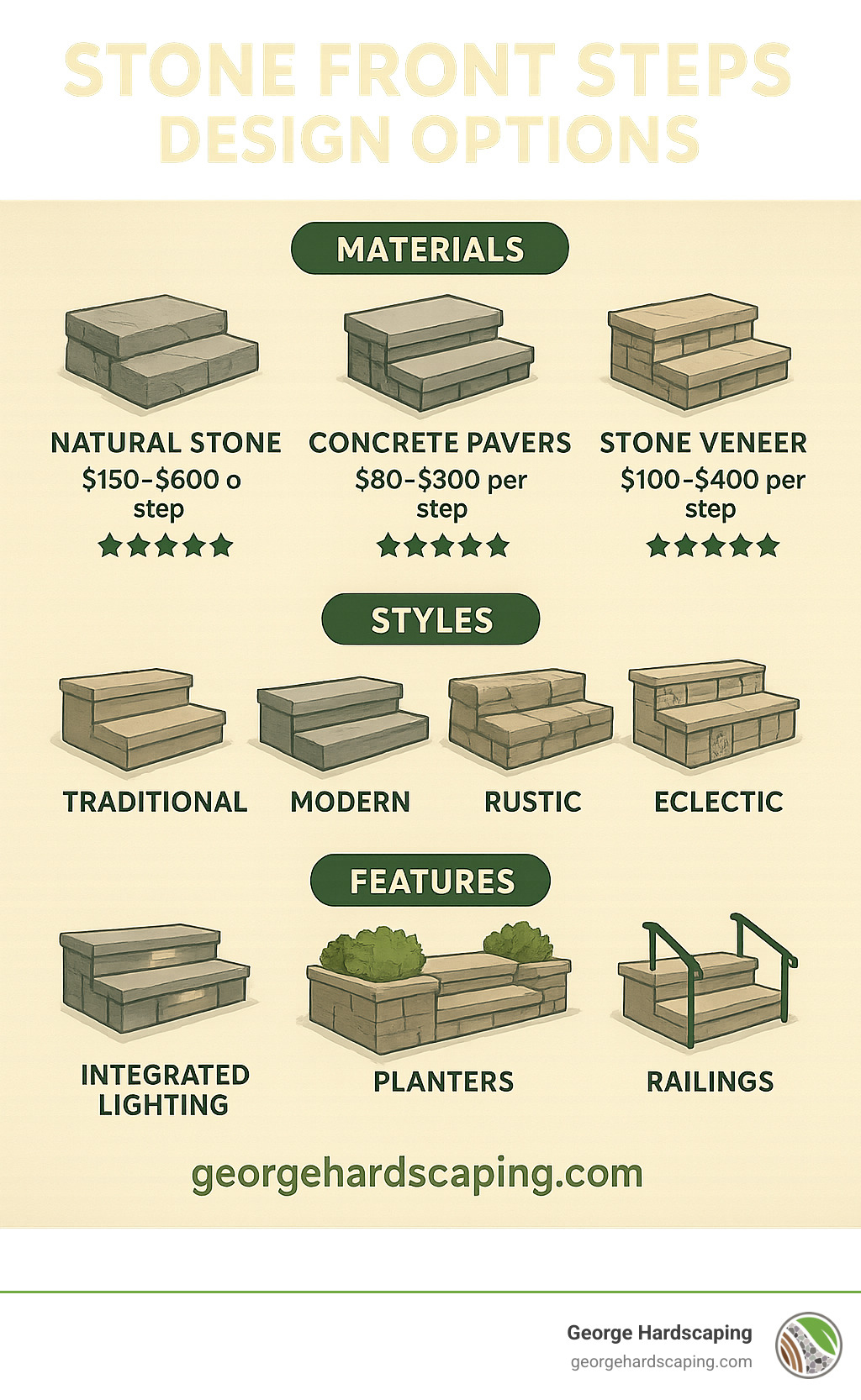 Stone front steps design options showing different materials (natural stone, concrete pavers, veneer), styles (traditional, modern, rustic, eclectic), and features (integrated lighting, planters, railings) with average price ranges and durability ratings - stone front steps ideas infographic 