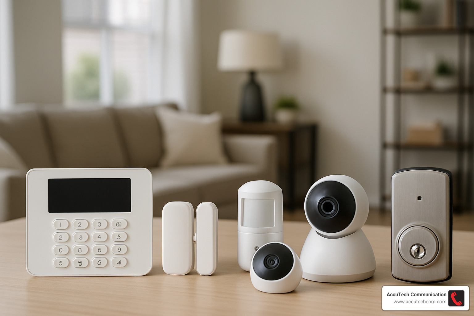 smart home security devices laid out - security and alarms systems companies