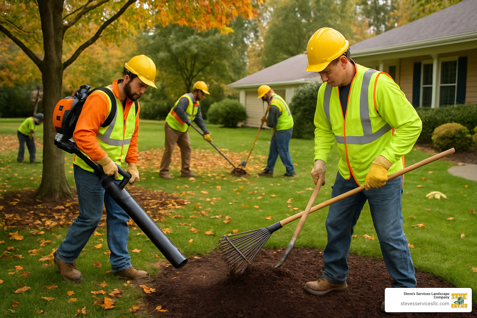 professional landscape crew with safety equipment - yard cleanup and mulching