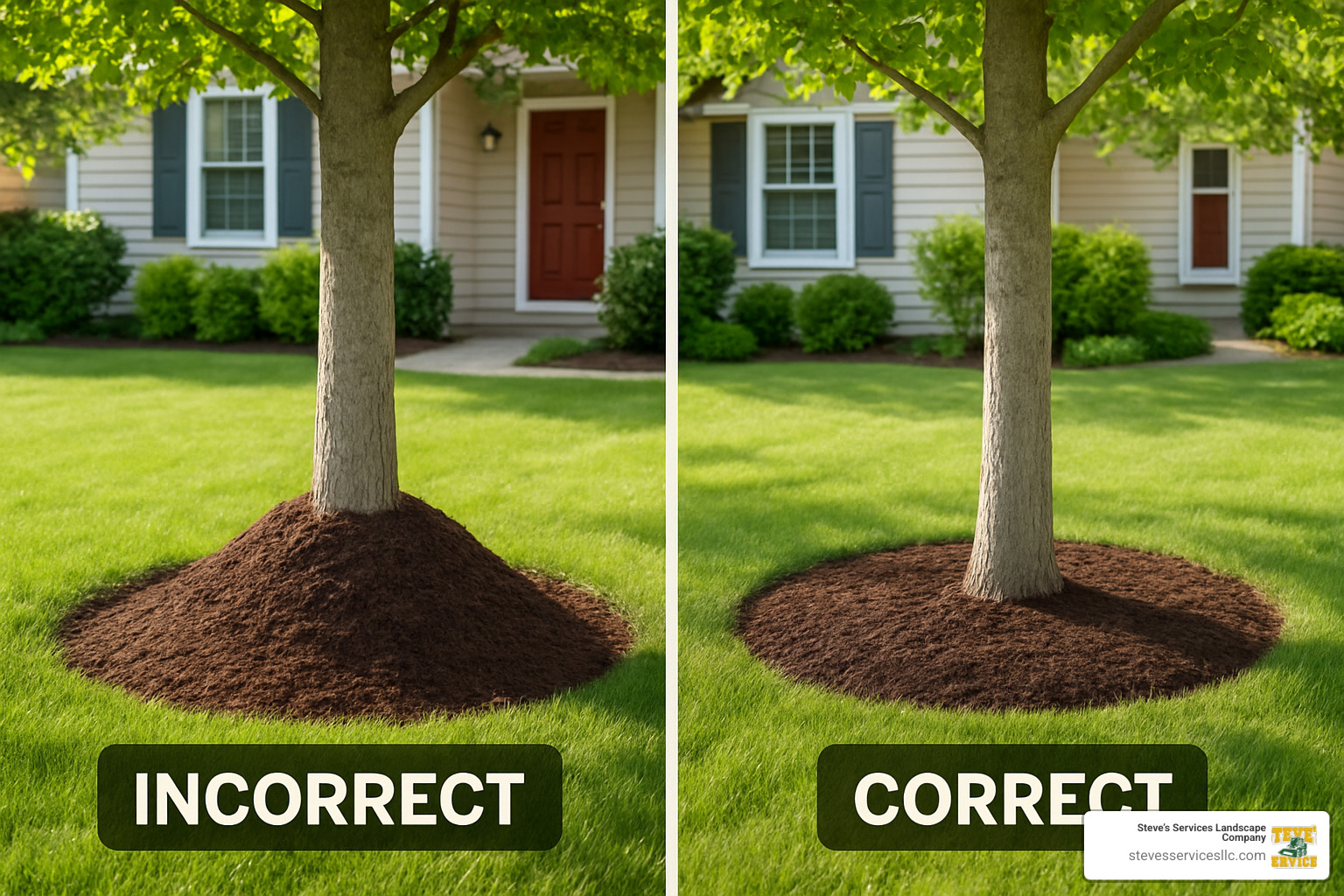 comparison of incorrect mulch volcano versus correct mulch application technique - yard cleanup and mulching