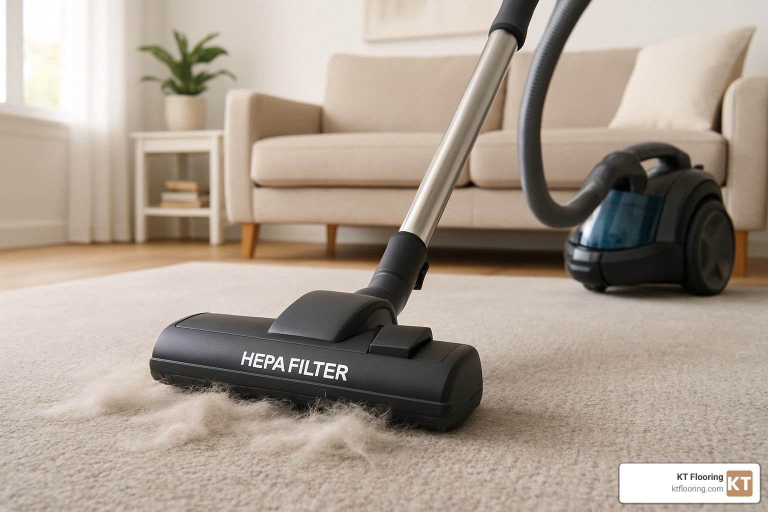 HEPA vacuum removing pet hair from a low-pile carpet - Best flooring for allergies
