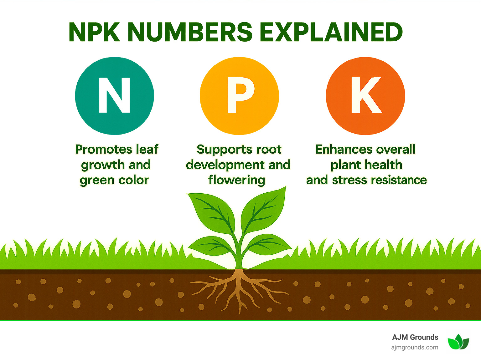 Lawn Fertilization Service Costs Explained (Without the Fertilizer Jargon) NPK numbers explained: Nitrogen (N) promotes leaf growth and green color, Phosphorus (P) supports root development and flowering, Potassium (K) improves overall plant health and stress resistance - average cost of lawn fertilization service infographic