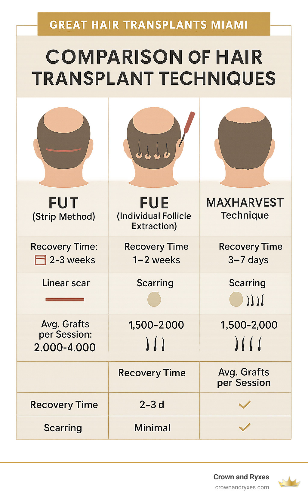 Comparison of hair transplant techniques showing FUT strip method, FUE individual follicle extraction, and advanced techniques with their respective recovery times, scarring potential, and average number of grafts per session - hair transplants florida infographic