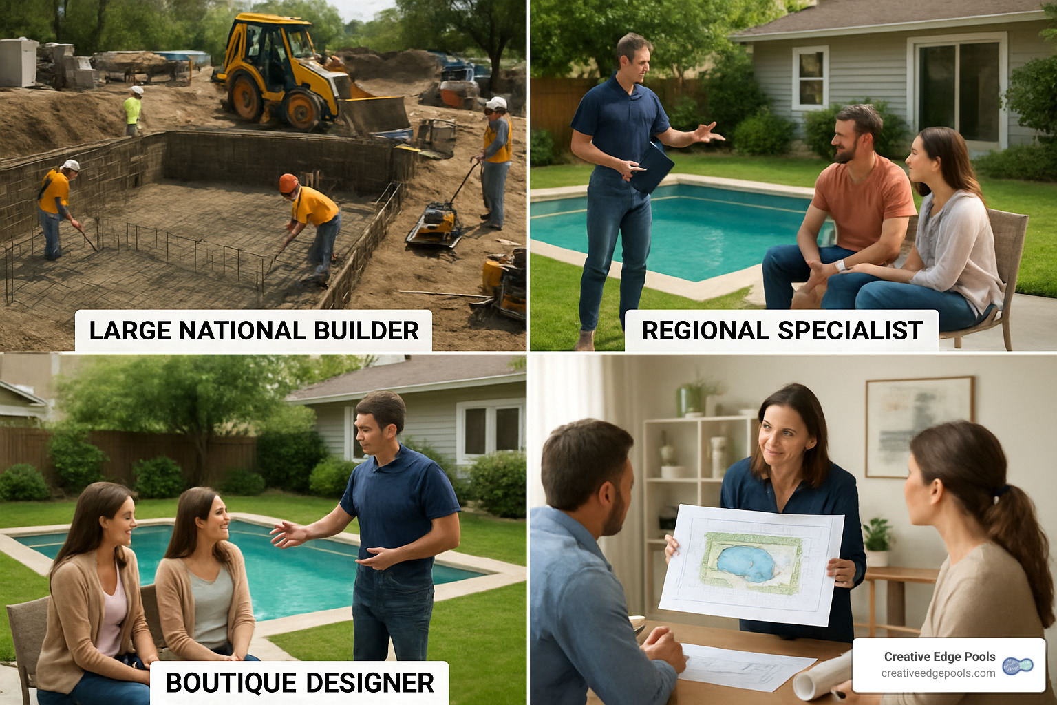 Different types of inground swimming pool companies - national builders, regional specialists, and boutique designers - inground swimming pool companies