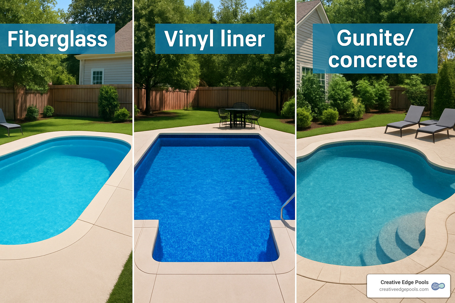 Different types of inground swimming pools - fiberglass, vinyl, and gunite - inground swimming pool companies