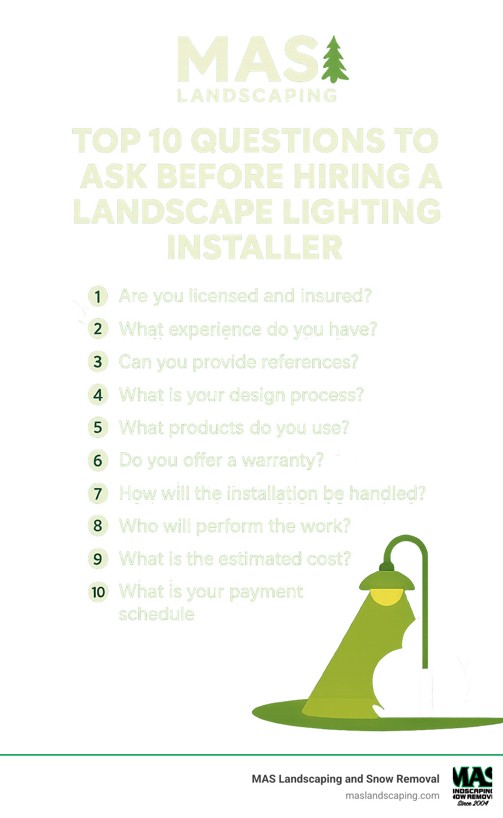 Top 10 questions to ask before hiring a landscape lighting installer - landscape lighting installers near me infographic