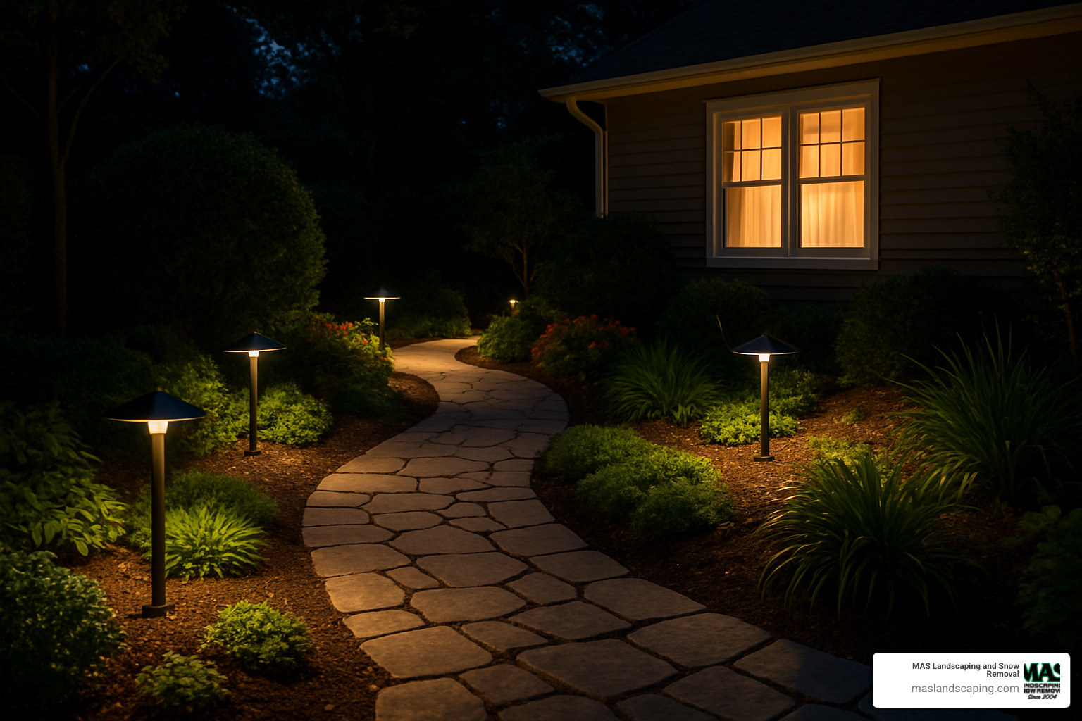 outdoor pathway lights illuminating a garden path - landscape lighting installers near me