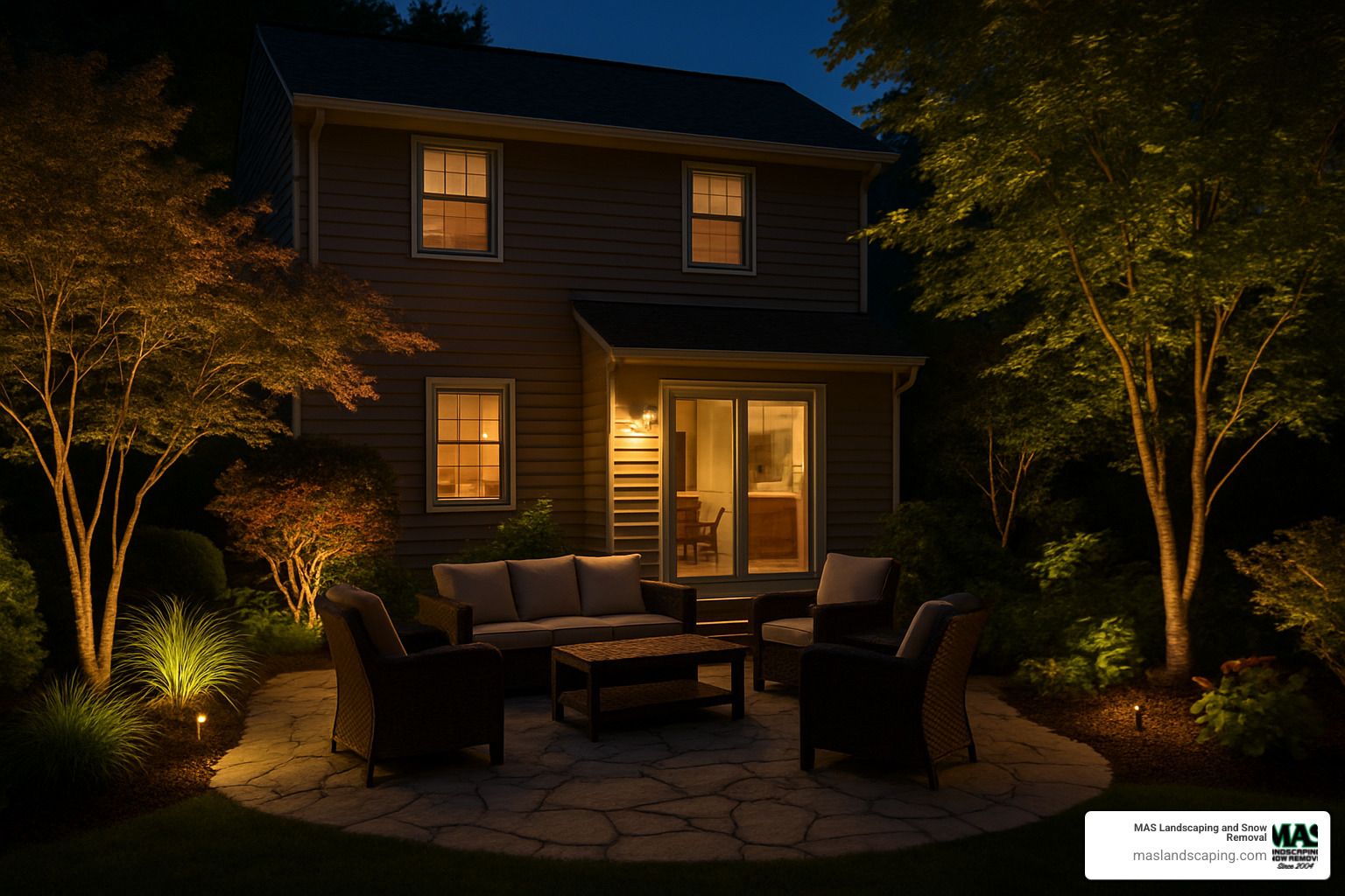 beautifully lit backyard patio with landscape lighting - landscape lighting installers near me