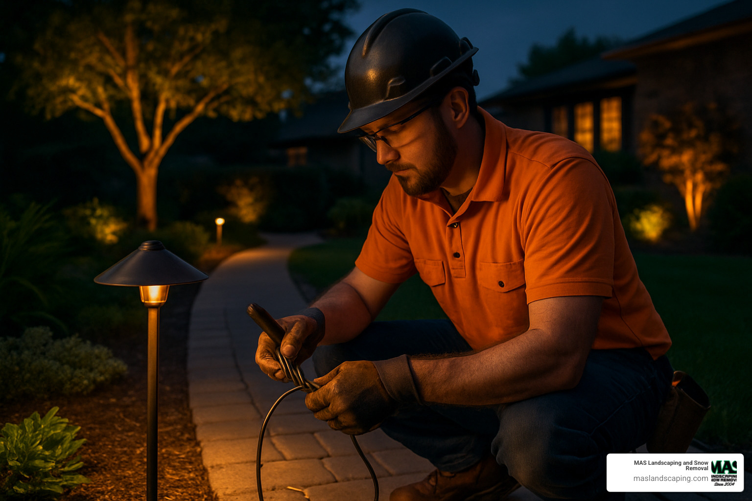 professional installer working with lighting equipment - landscape lighting installers near me
