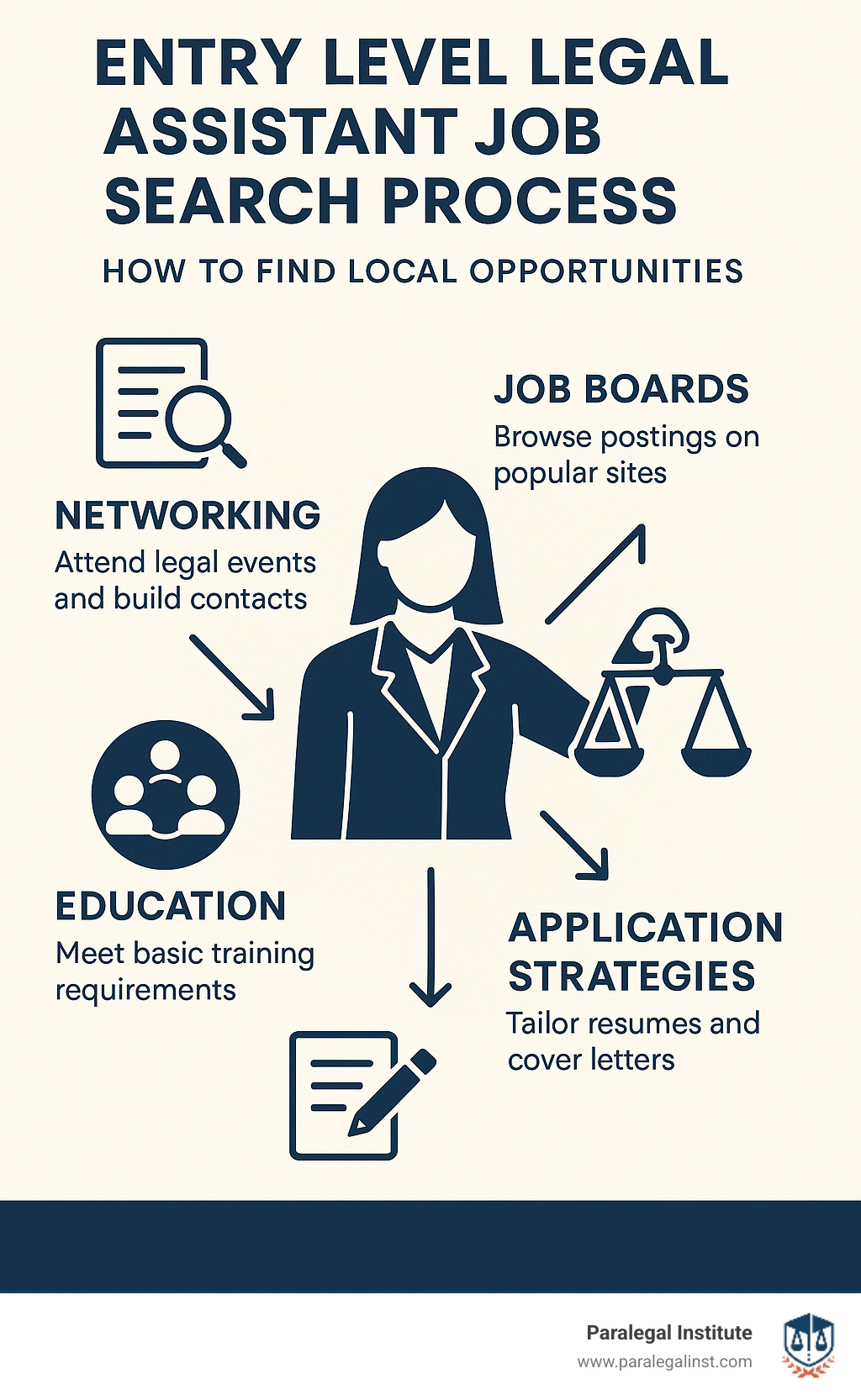Entry Level Legal Assistant Job Search Process showing how to find local opportunities through job boards, networking, education requirements, and application strategies - entry level legal assistant jobs near me infographic 