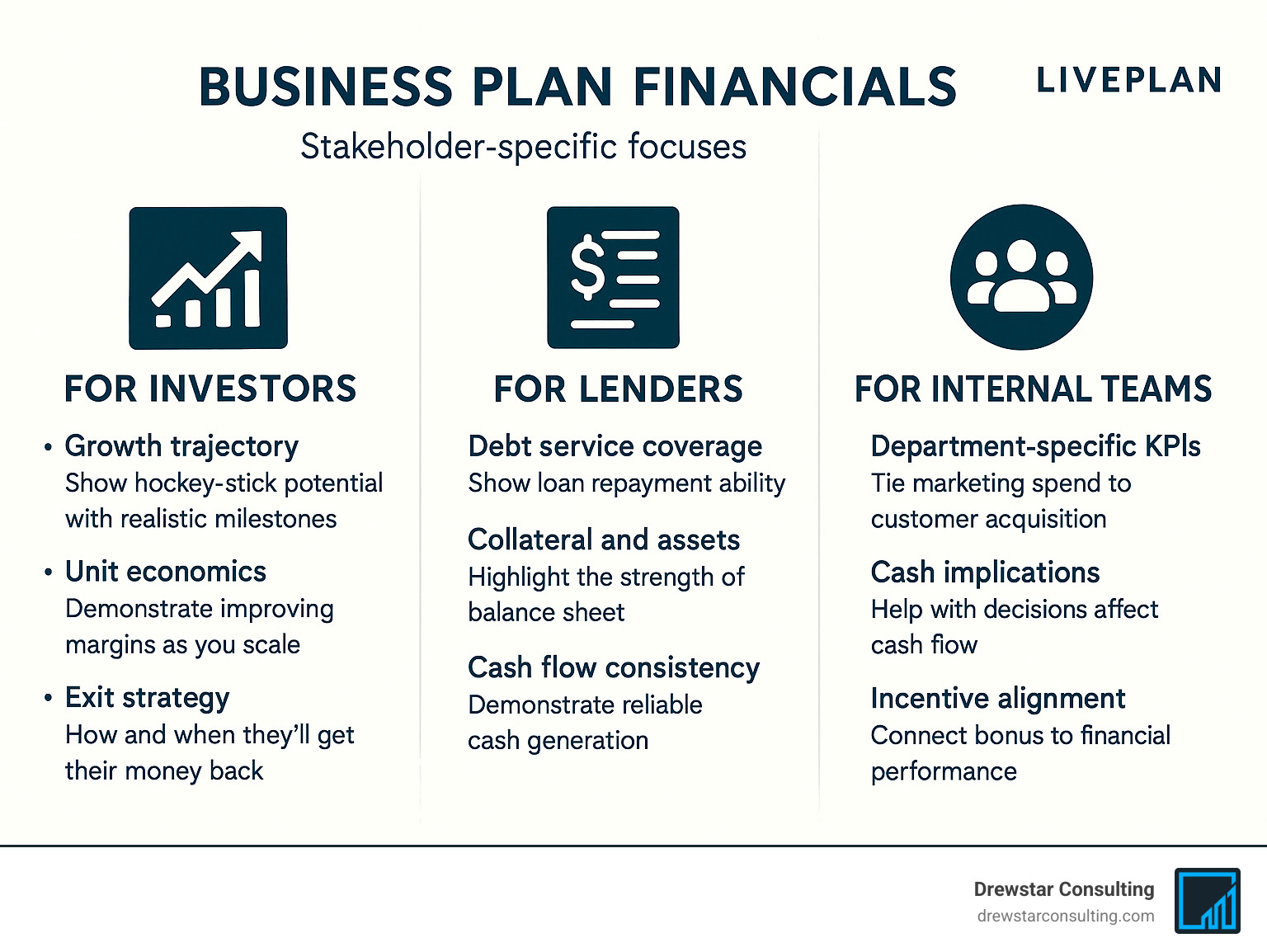 Stakeholder-specific financial presentation formats showing what investors, lenders, and internal teams care about most - business plan financials infographic 
