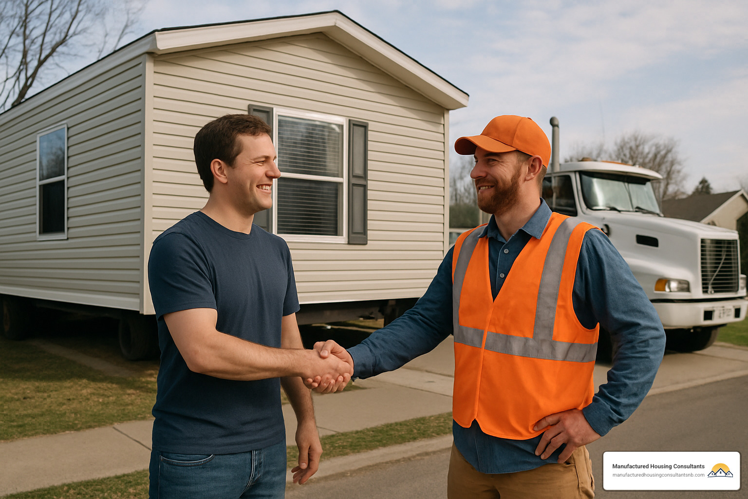 homeowner shaking hands with mobile home mover - Mobile home relocation services
