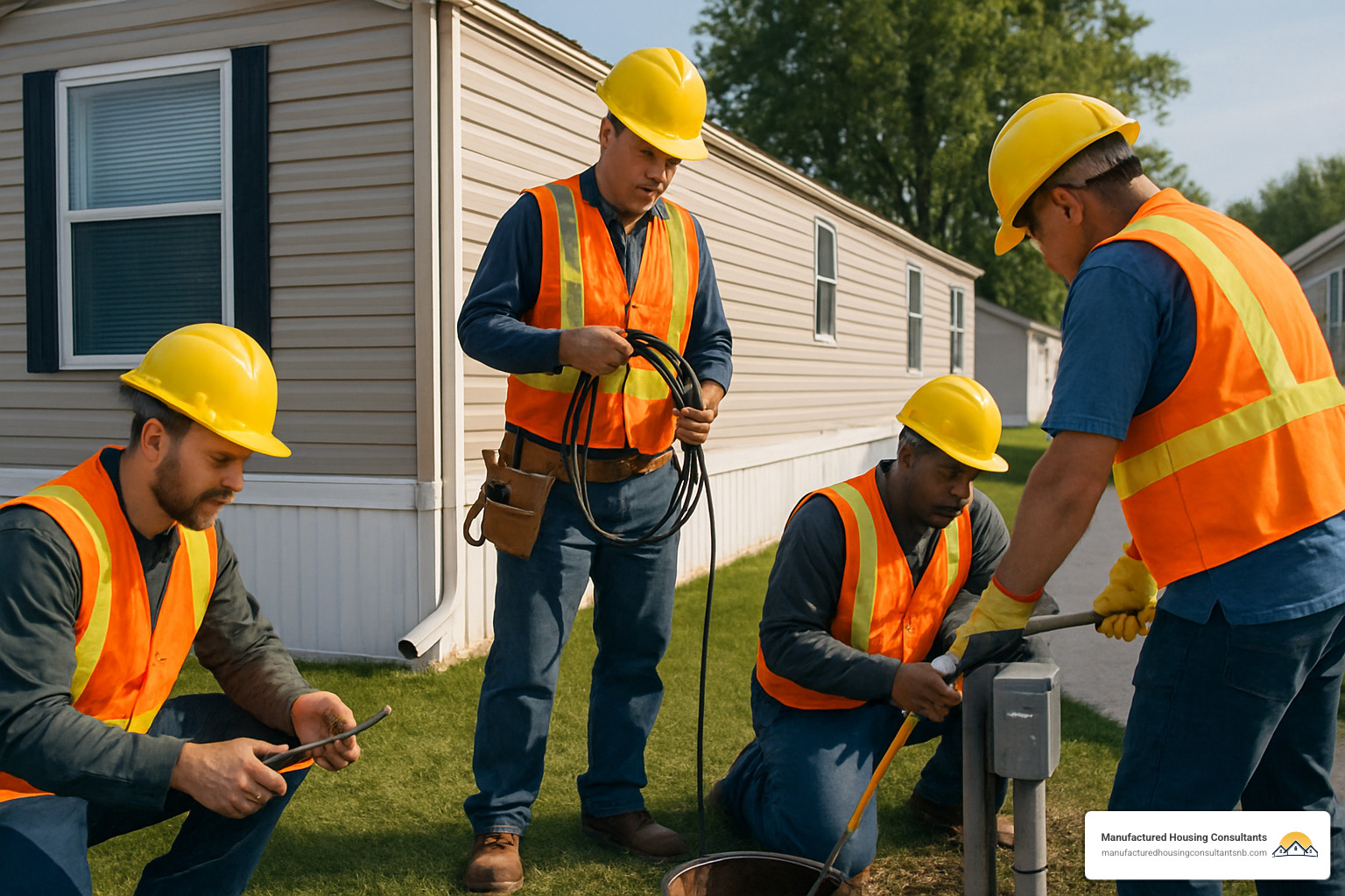 crew disconnecting utilities from a mobile home - Mobile home relocation services