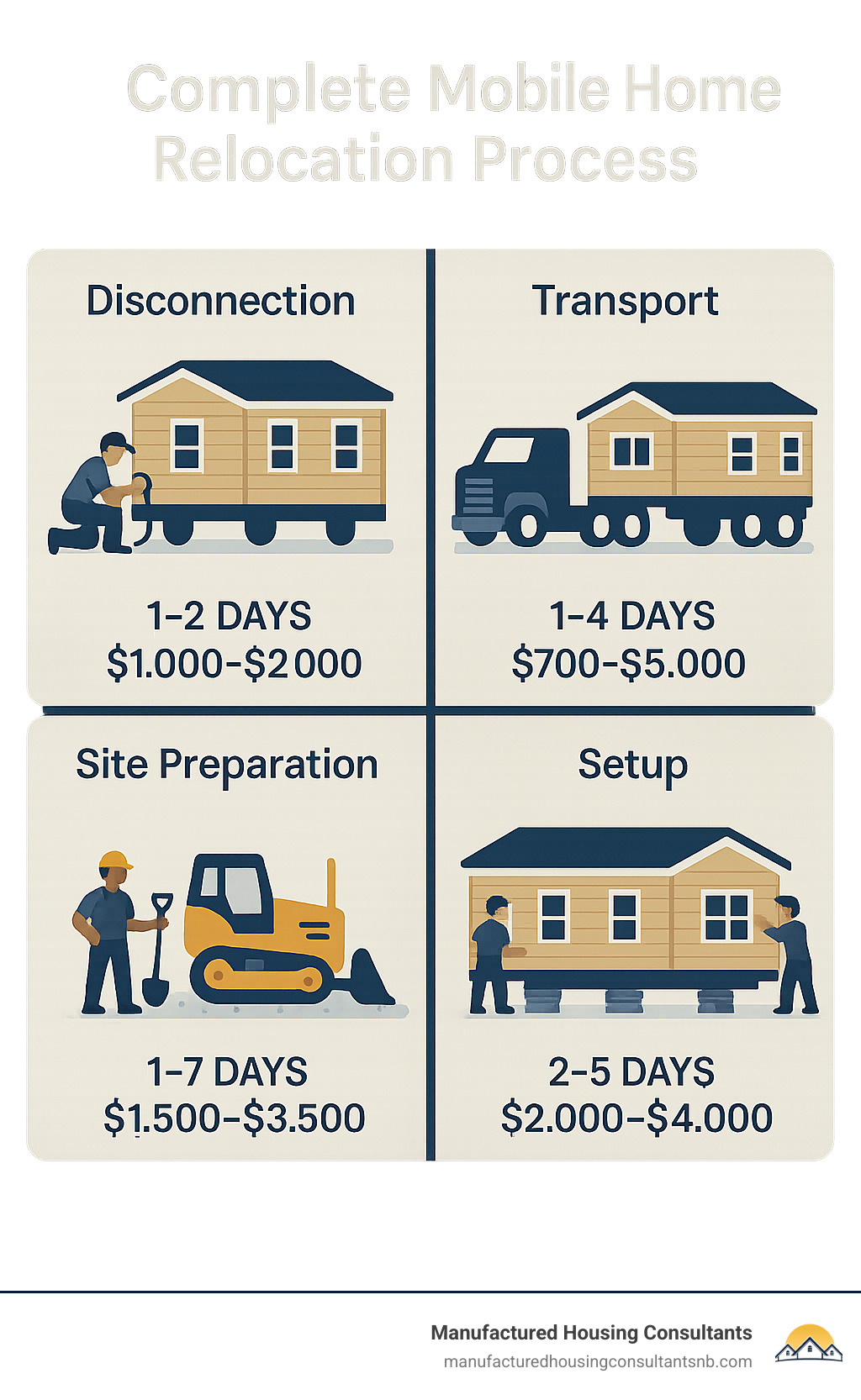 Complete mobile home relocation process showing disconnection, transport, site preparation, and setup phases with estimated timelines and costs for each step - Mobile home relocation services infographic 