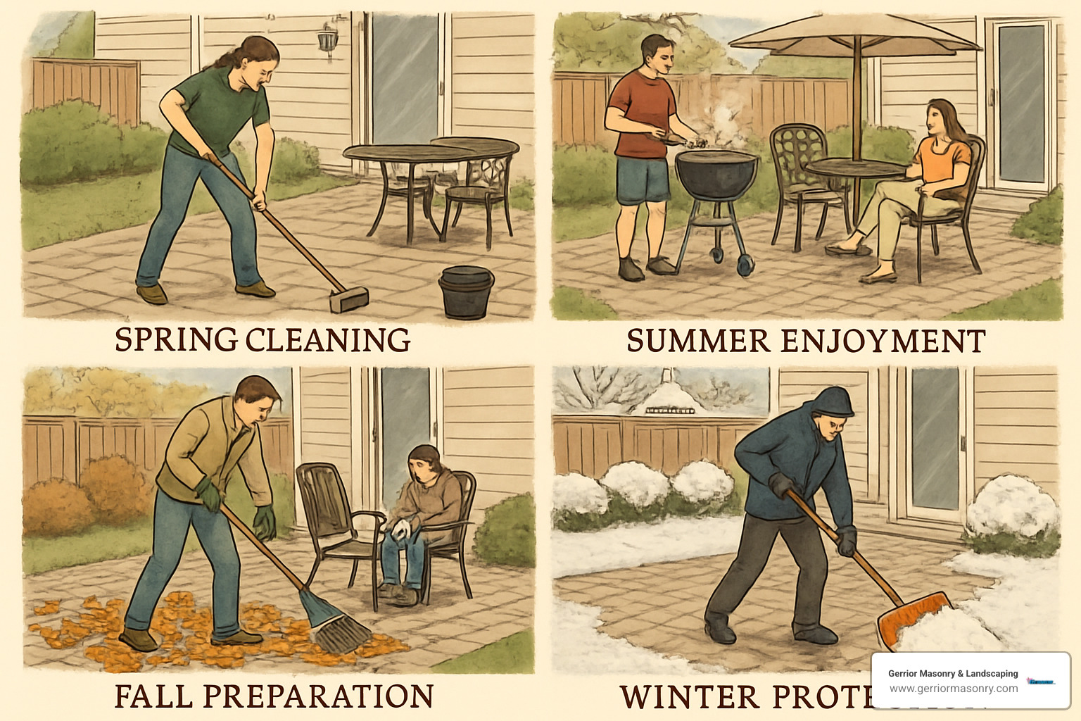 Paver Installation 101: Transform Your Outdoor Space 5 seasonal patio maintenance showing spring cleaning, summer enjoyment, fall preparation, and winter protection - installing patio