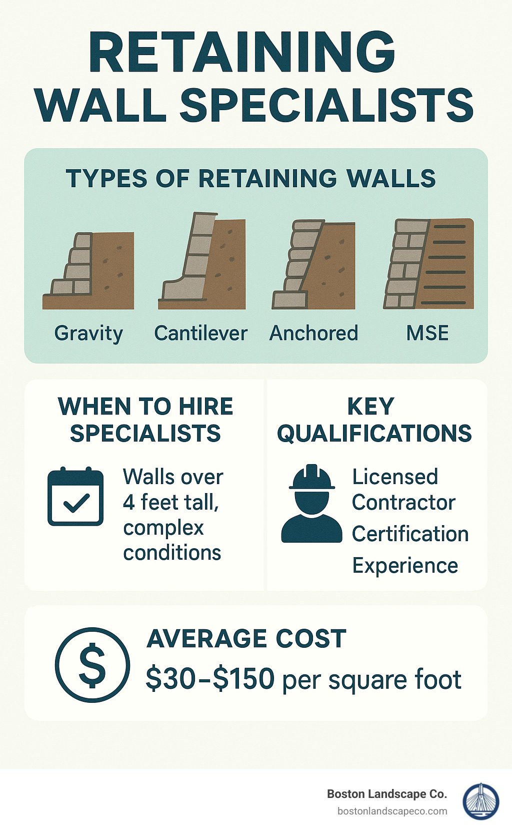 Infographic showing different types of retaining walls (gravity, cantilever, anchored, MSE), when to hire specialists, key qualification requirements, and average cost ranges for professional retaining wall installation - Retaining wall specialists infographic 