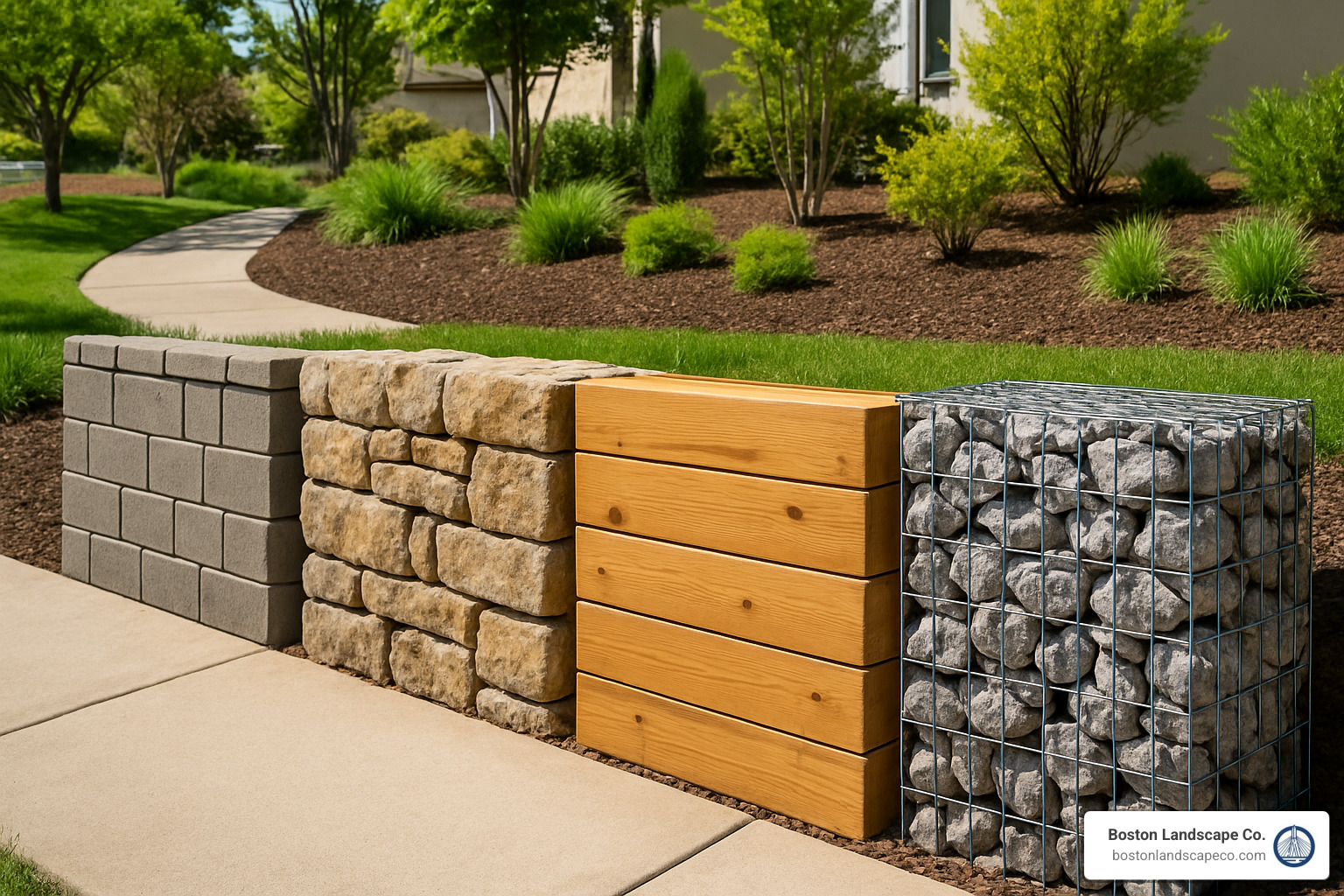 Different retaining wall materials including concrete block, natural stone, timber, and gabion - Retaining wall specialists