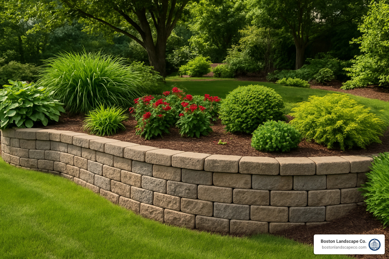 Finished landscaped retaining wall with plantings - Retaining wall specialists