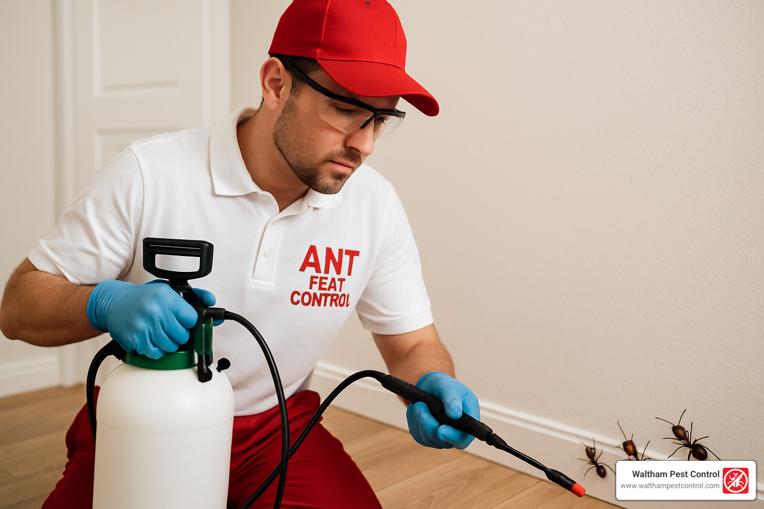 eco-friendly pest control technician applying targeted treatment - ant pest control company