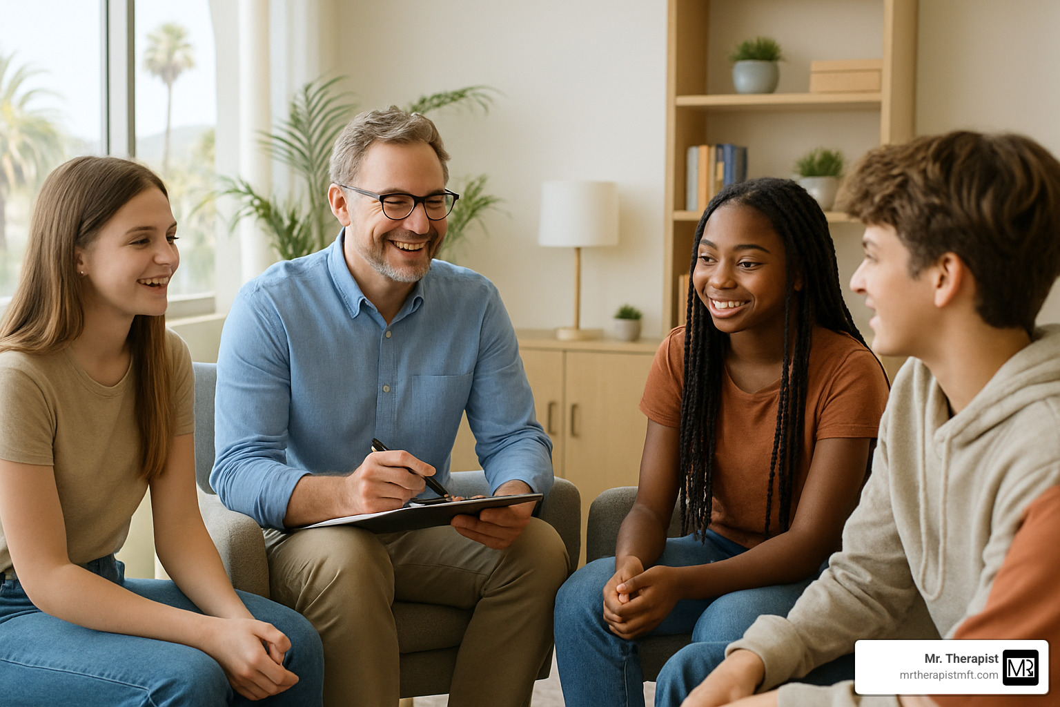 therapist engaging with teens - Family therapist Orange County