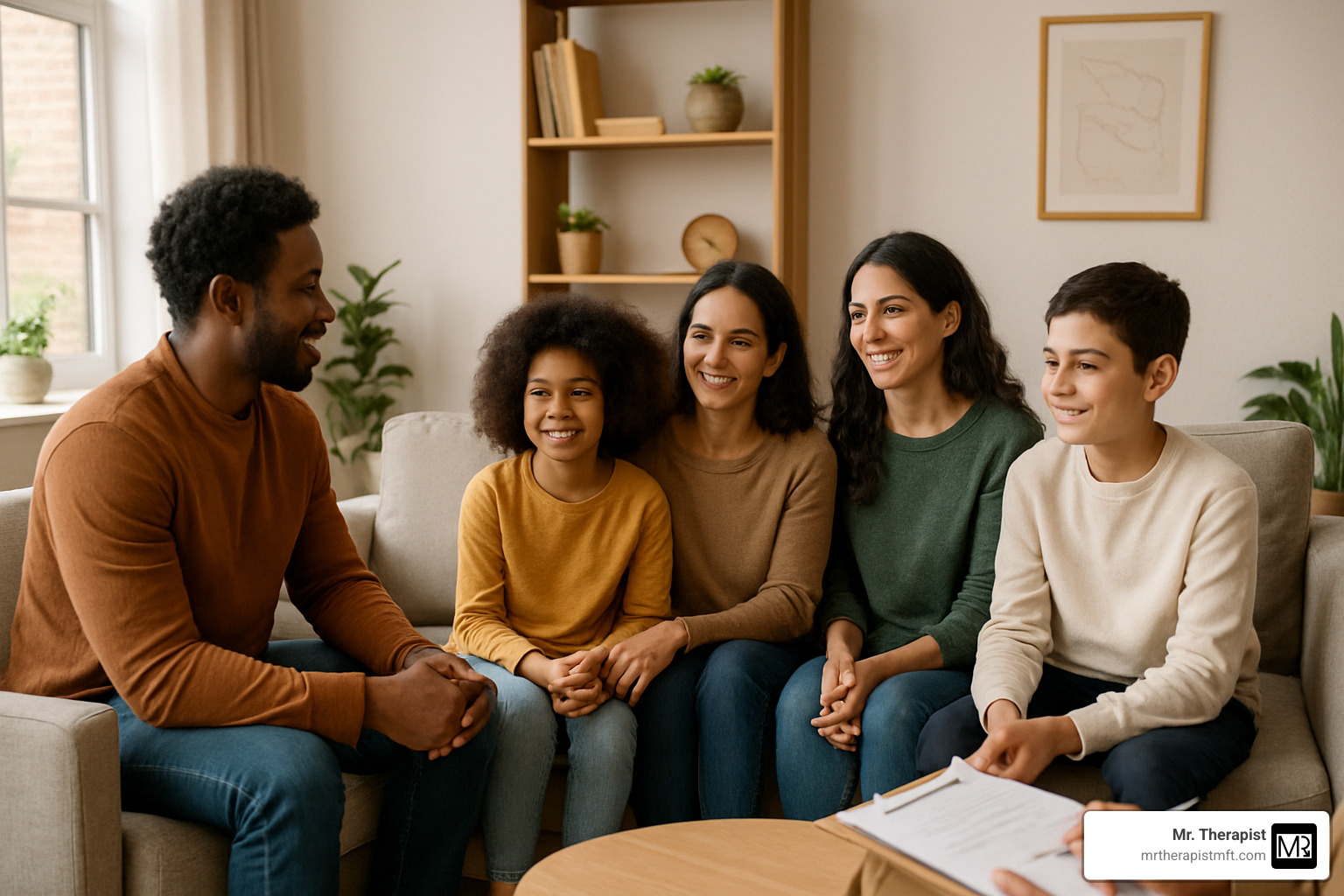 diverse family in therapy session - Family therapist Orange County