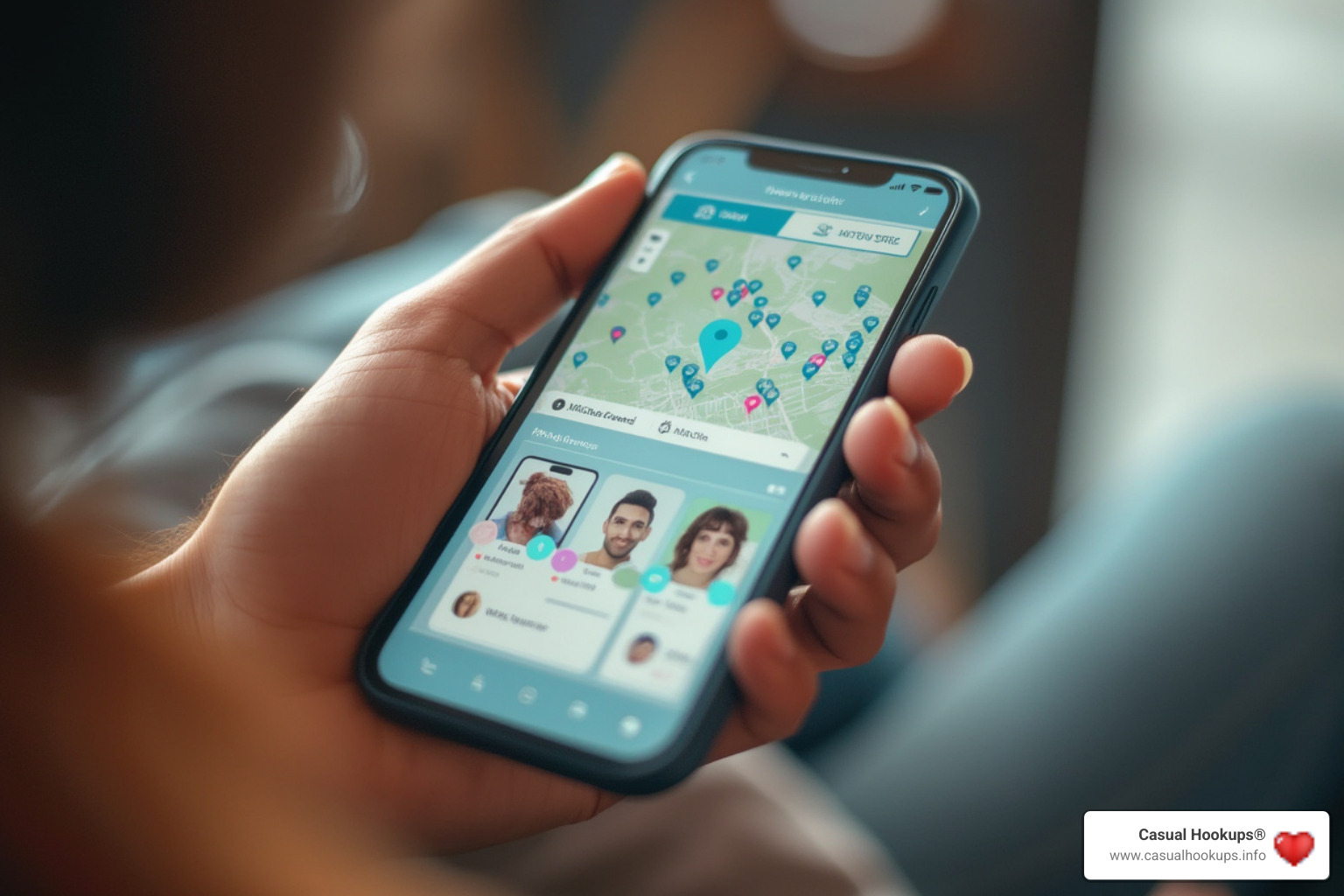 mobile phone showing hookup app interface with location filters - free hookup sites