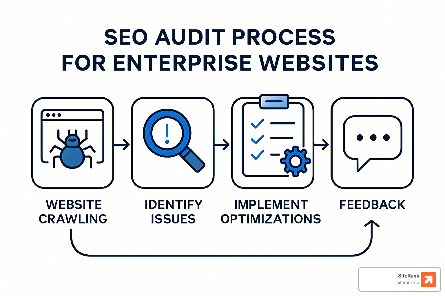 Workflow diagram showing the SEO audit process from crawling to implementation with feedback loops - on page optimization strategy Workflow diagram showing the SEO audit process from crawling to implementation with feedback loops - on page optimization strategy