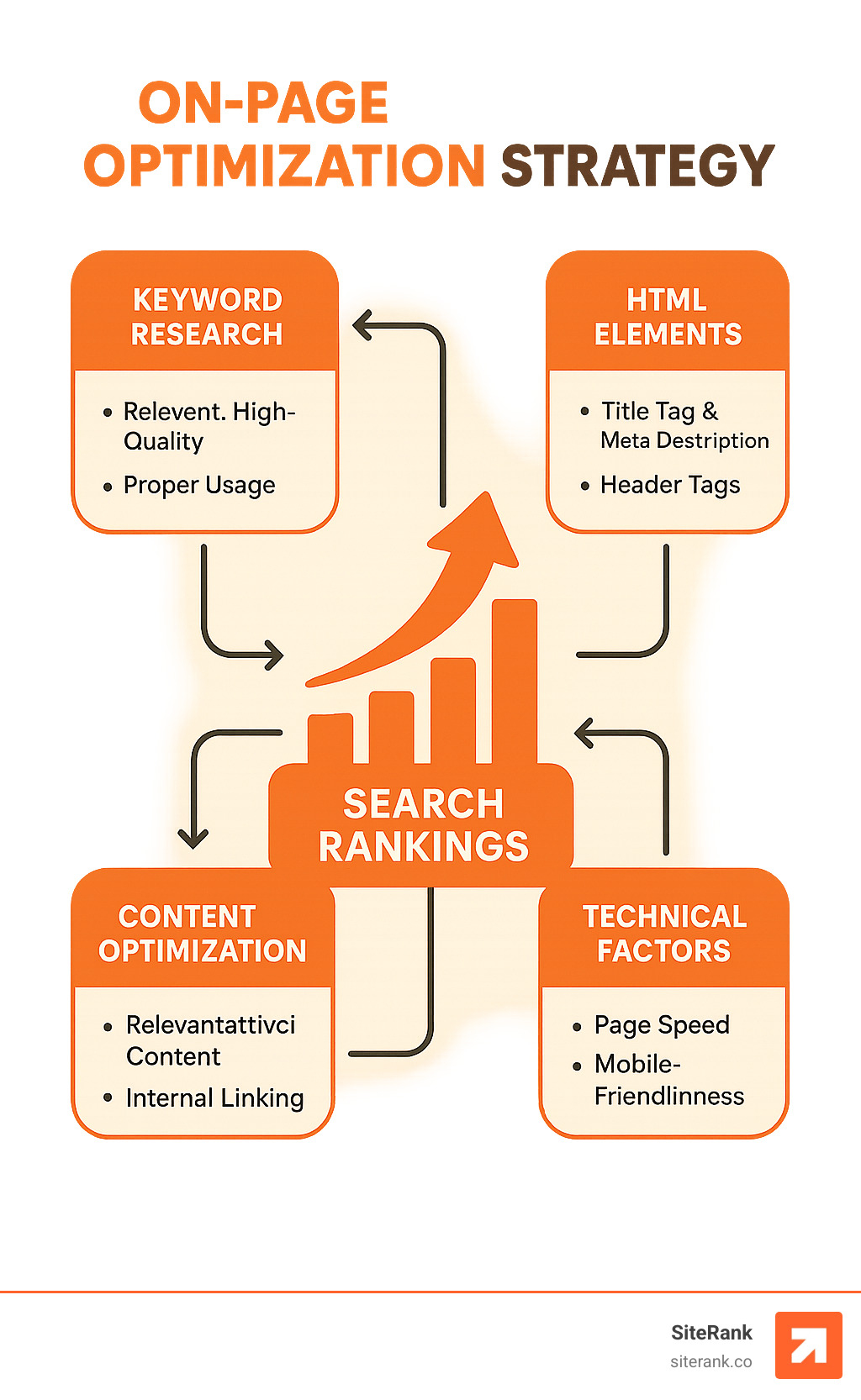 Comprehensive flowchart showing the complete on-page optimization process including keyword research, content optimization, HTML elements, and technical factors with arrows indicating the workflow between each component and their impact on search rankings - on page optimization strategy infographic Comprehensive flowchart showing the complete on-page optimization process including keyword research, content optimization, HTML elements, and technical factors with arrows indicating the workflow between each component and their impact on search rankings - on page optimization strategy infographic