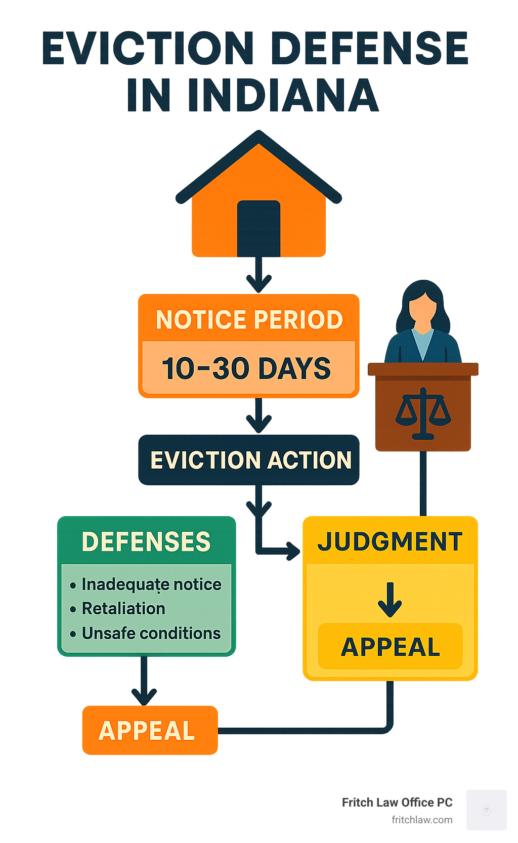 Eviction defense strategy flowchart showing timelines and defense options in Indiana - Indiana tenant rights attorney infographic Eviction defense strategy flowchart showing timelines and defense options in Indiana - Indiana tenant rights attorney infographic