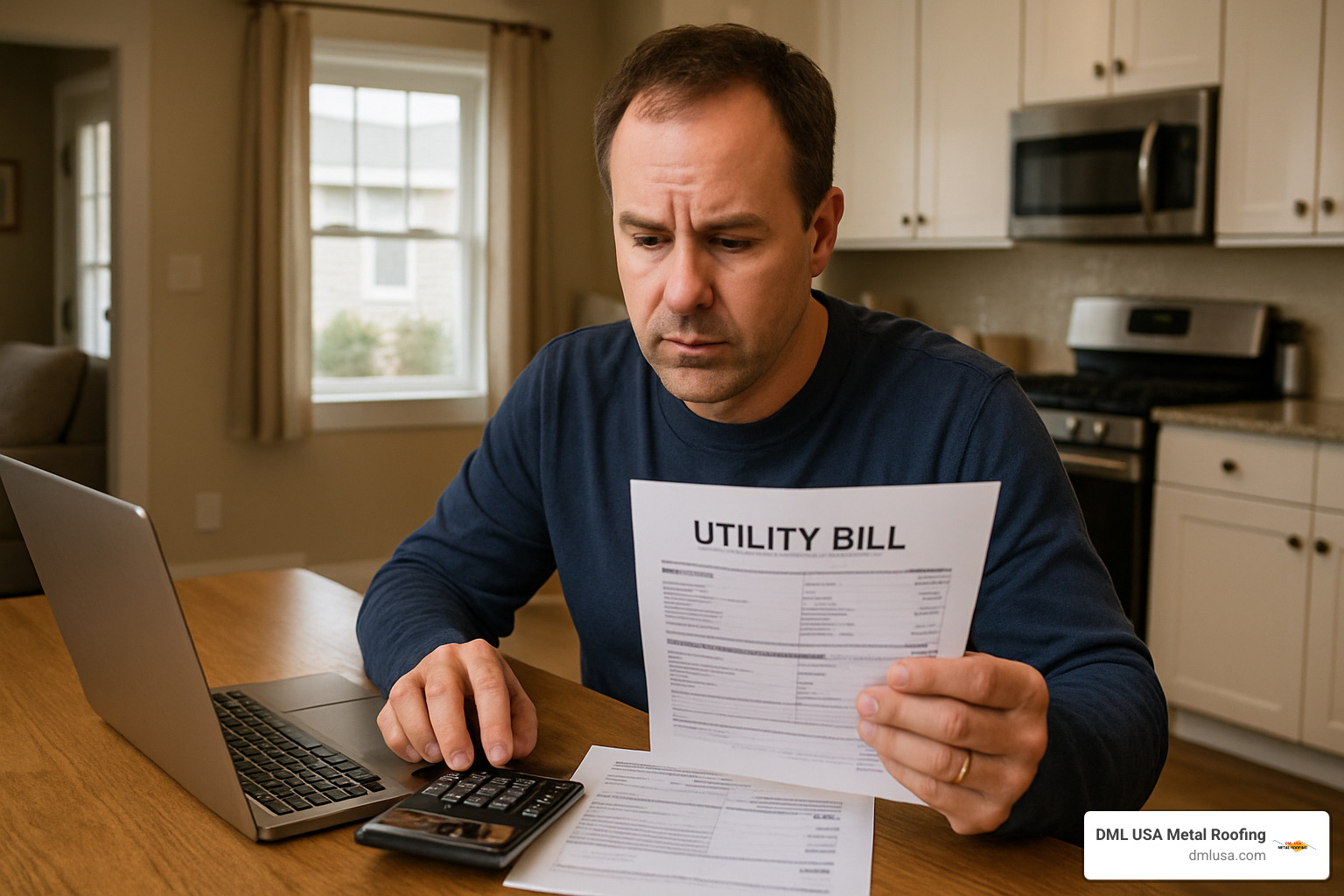 homeowner reviewing utility bill - metal roof energy savings calculator