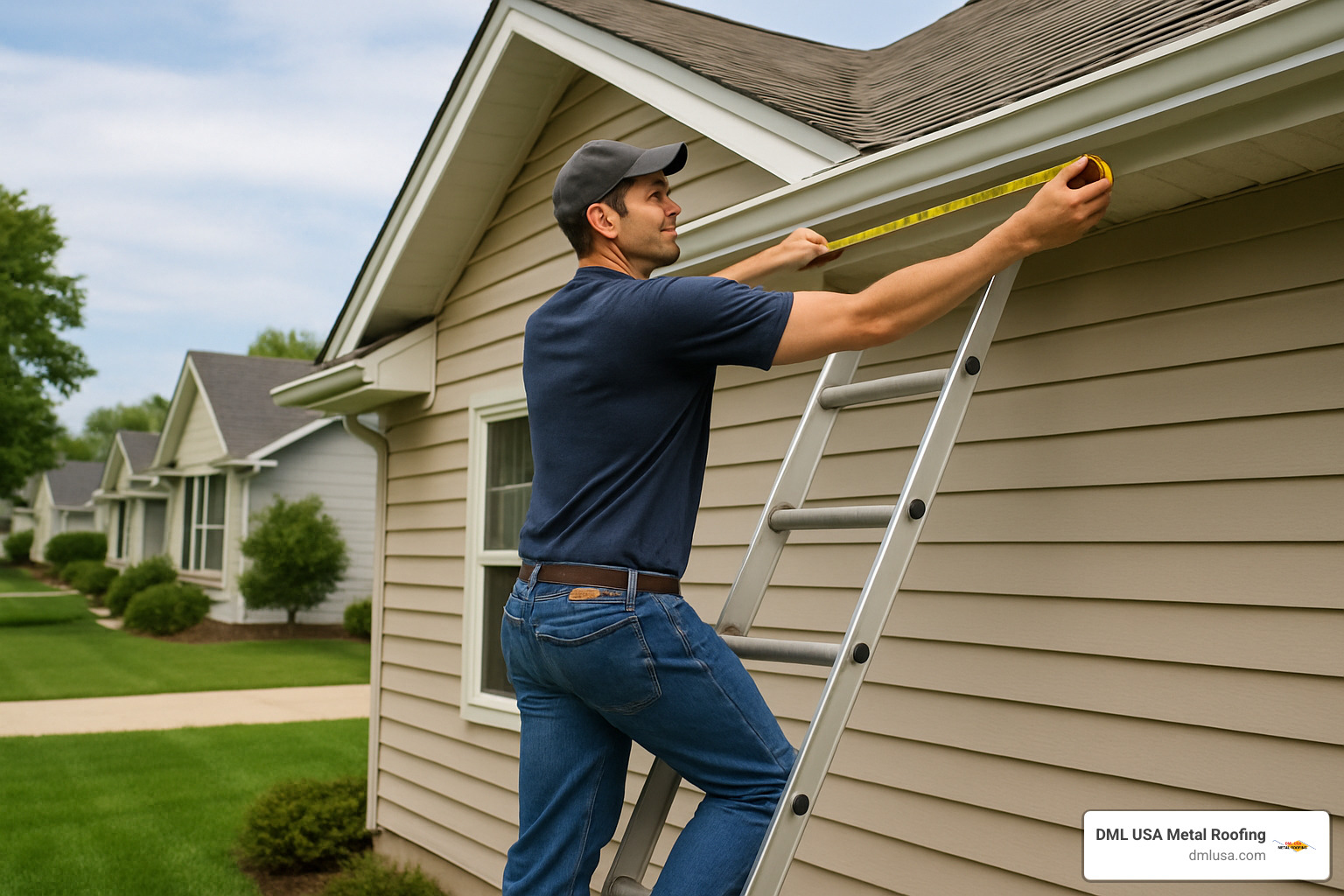 homeowner measuring roof area - metal roof energy savings calculator