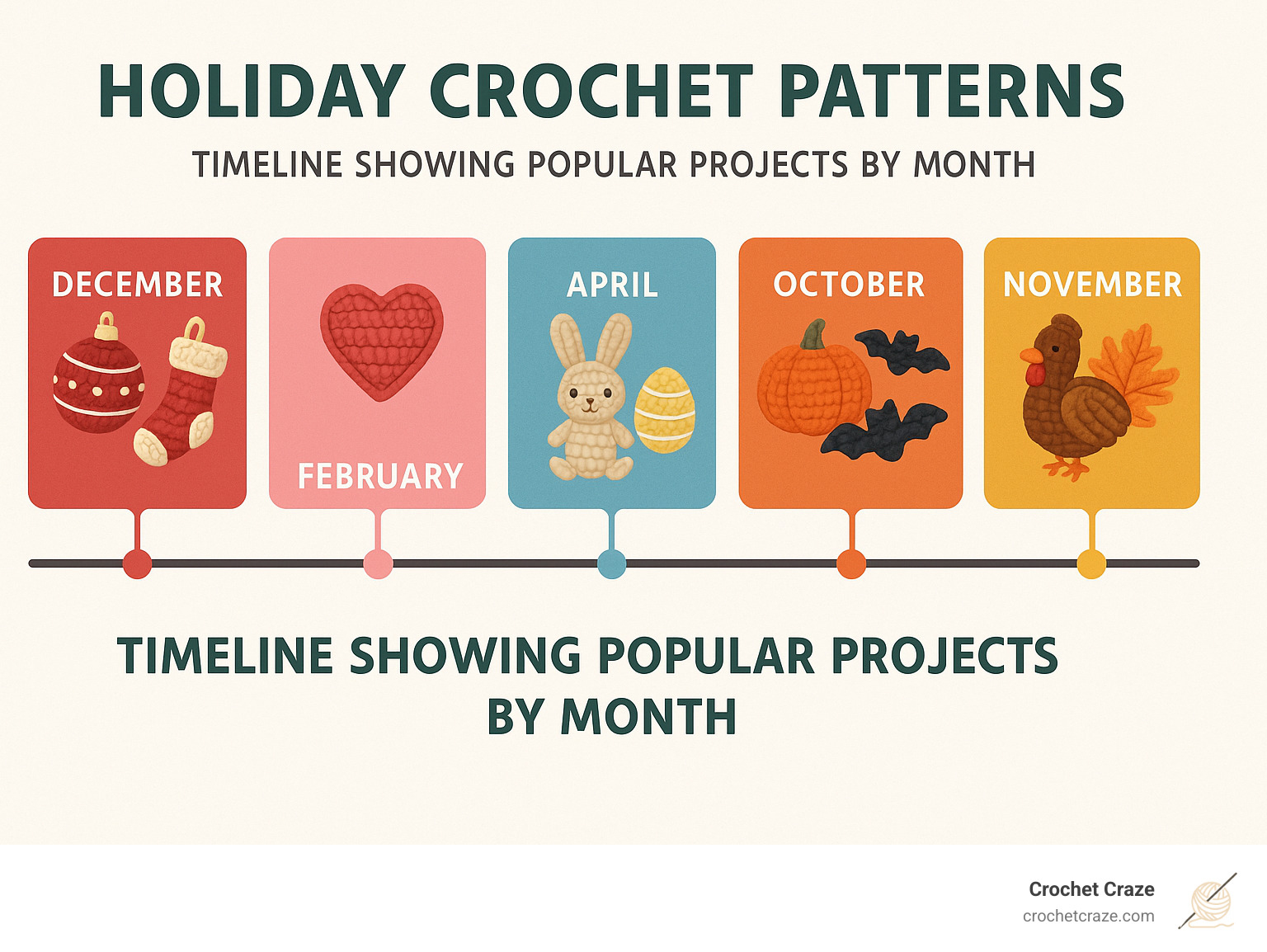 Holiday crochet patterns timeline showing popular projects by month with Christmas in December (ornaments, stockings), Valentine's in February (hearts), Easter in April (bunnies, eggs), Patriotic in July (flags), Halloween in October (pumpkins, bats), and Thanksgiving in November (turkeys, leaves) - holiday crochet patterns infographic