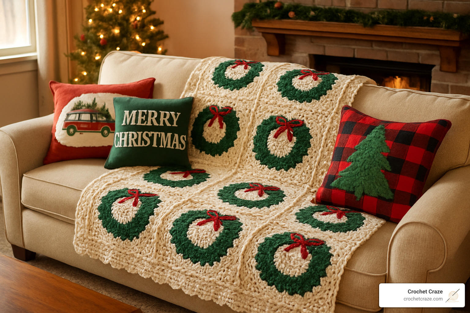 crocheted afghan with wreath motifs draped over couch with holiday pillows - holiday crochet patterns