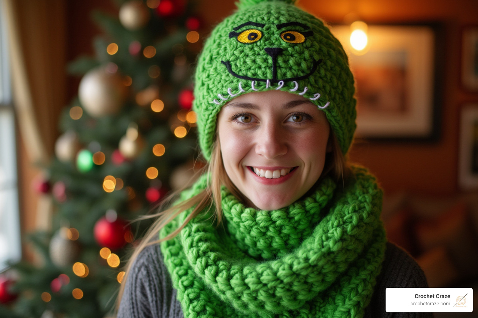 person wearing bright green grinch scarf with cartoon face - holiday crochet patterns