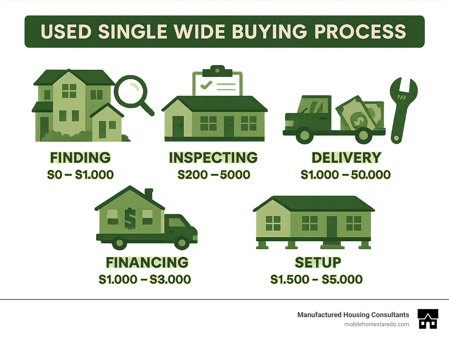 Detailed infographic showing the used single wide buying process including finding, inspecting, financing, delivery, and setup with typical costs at each stage - used single wide manufactured homes infographic Detailed infographic showing the used single wide buying process including finding, inspecting, financing, delivery, and setup with typical costs at each stage - used single wide manufactured homes infographic