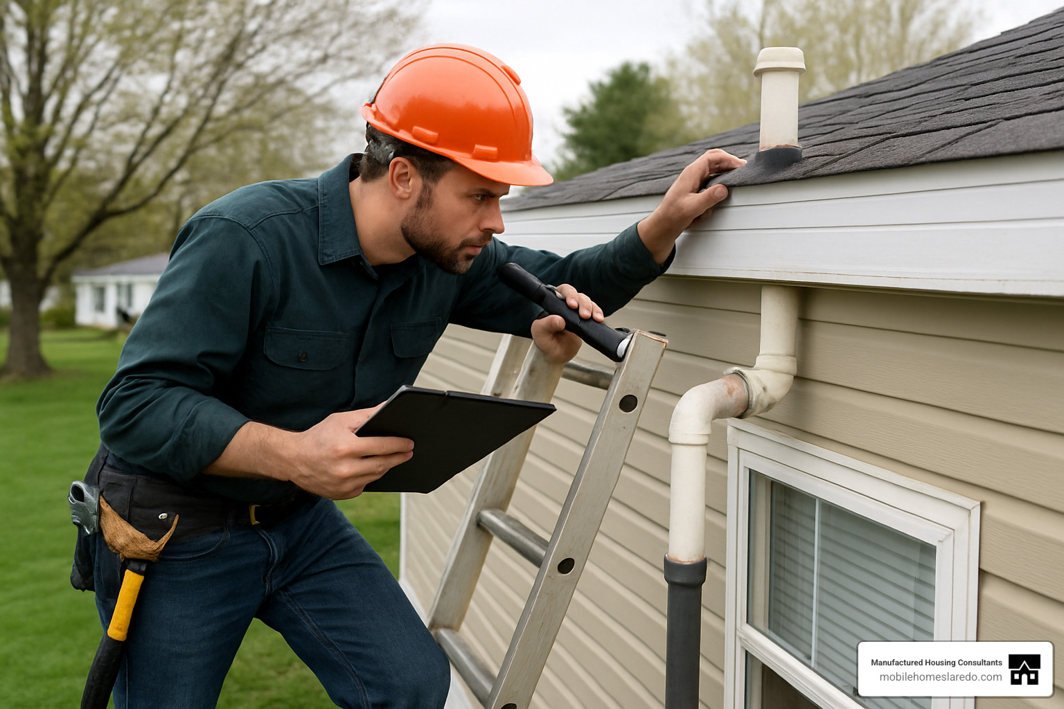 Home inspector checking roof and plumbing systems of a manufactured home - used single wide manufactured homes Home inspector checking roof and plumbing systems of a manufactured home - used single wide manufactured homes