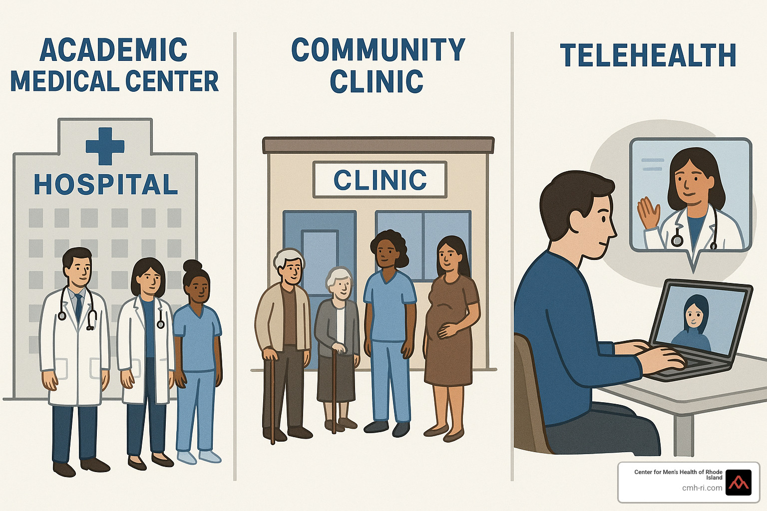 comparison of different types of healthcare settings - men's health clinic Rhode Island