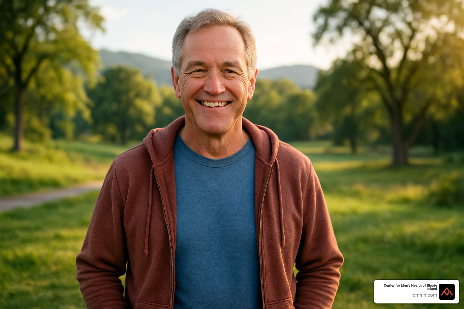 smiling man in his 50s looking energetic and healthy outdoors - men's health clinic Rhode Island